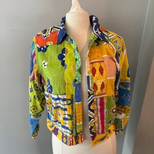 Vintage Sacred Threads Graphic Floral Patchwork Shirt Jacket Art to Wear‎ Sz Med